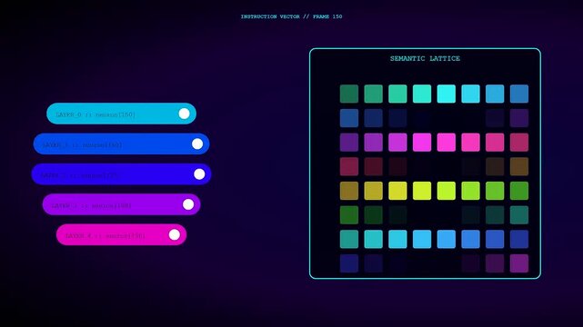 Three panels displaying a prompt engineering interface show digital color grids and scrolling menu bars featuring neon interface elements glowing on a deep purple screen