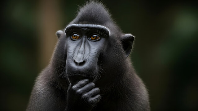 Close-up portrait of a thoughtful black macaque monkey with its hand on its chin, looking curiously into the distance