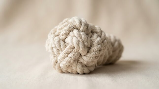 Rope knot resting on a soft fabric backdrop demonstrates complex weaving and intricate ropework technique.