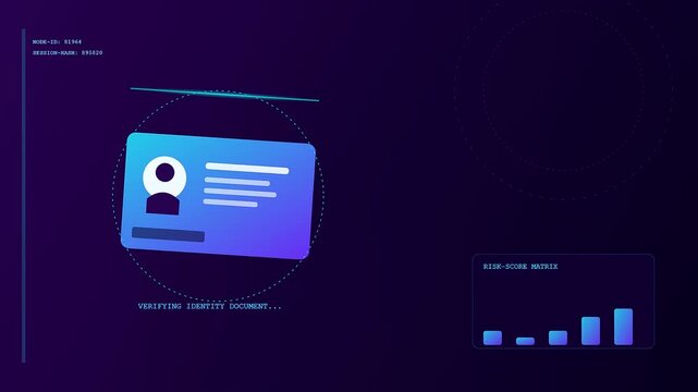 A kyc verification digital interface displaying identity card authentication processing stages on a glowing screen with bar chart data visualization for secure user profile validation protocols