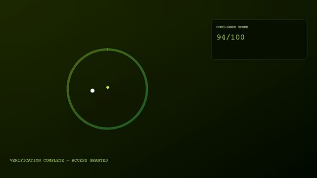 A digital kyc verification sequence displays a glowing checkmark icon alongside fluctuating numerical scores on a dark monochromatic user interface screen for secure system access