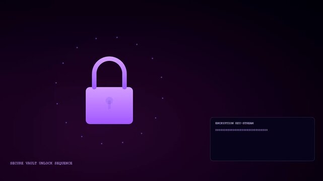Kyc verification processes appear on a dark interface featuring smooth purple animations of a padlock shifting between locked and open states with scrolling text