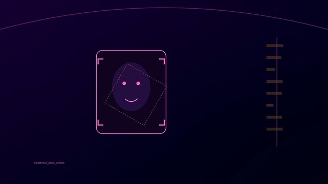 A digital kyc verification interface features a rotating facial recognition scanner with glowing purple graphical lines on a dark monitor for modern security access systems