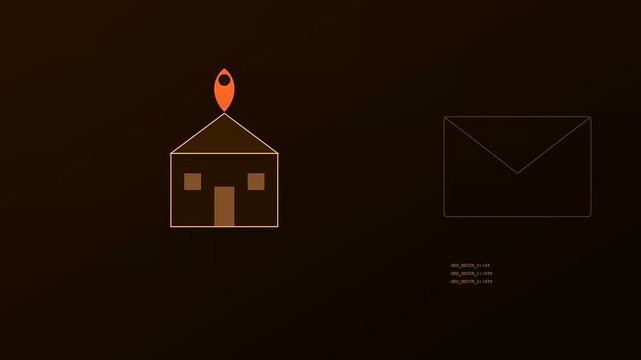 Kyc verification icons displaying a home structure with a location marker and email envelope graphic symbol glowing against a dark digital user interface screen background