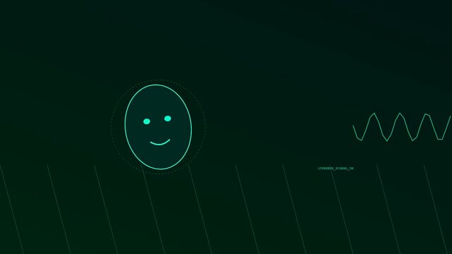 Digital kyc verification sequence showing a glowing face icon pulsing alongside rhythmic wave patterns on a dark emerald screen interface for modern biometric identity security