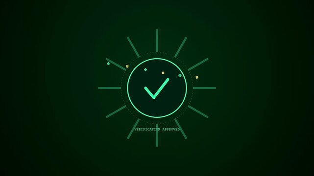 A digital kyc verification user interface loading with a bright green circular progress bar showing data processing steps until a check mark appears