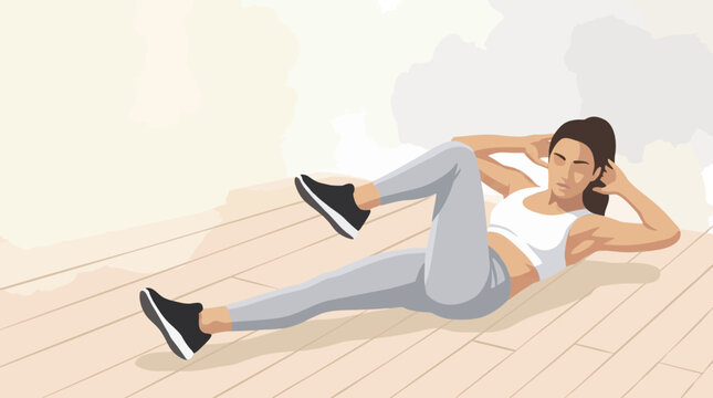 Woman doing bicycle crunch workout at home on wooden floor - Concept of Hobby  