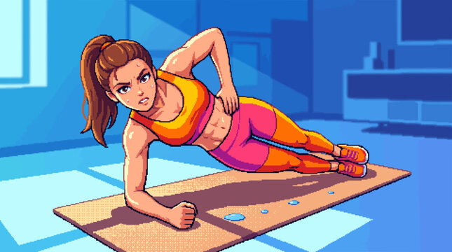 Young woman exercising with side plank at home in colorful gym wear  