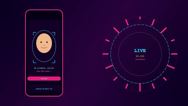 A kyc verification interface showcasing facial recognition progress on a mobile device screen with glowing pink digital scanning circles against a dark purple gradient background
