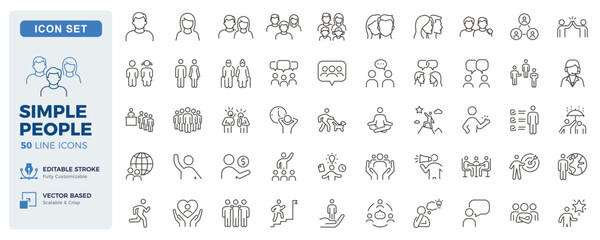 Fototapeta na wymiar People icon set. Community, communication, society, family, teamwork and social interaction thin line icons. Editable stroke vector illustrations.
