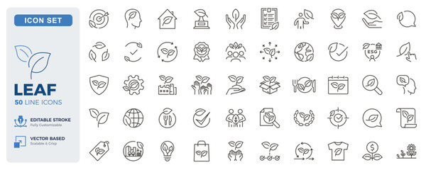 Fototapeta premium Leaf icon set. Eco, sustainability, ESG, ecology and green business thin line icons. Editable stroke vector illustrations.