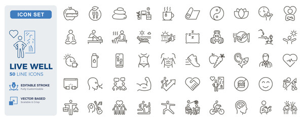 Obraz na płótnie Canvas Healthy lifestyle icon set. Wellness, fitness, mindfulness and nutrition thin line icons. Editable stroke vector illustrations.