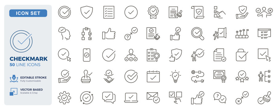 Checkmark icon set. Approval, verification, confirmation and task completion thin line icons. Editable stroke vector illustrations.