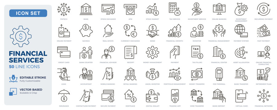 Financial services icon set. Banking, investment, payments and money management thin line icons. Editable stroke vector illustrations.