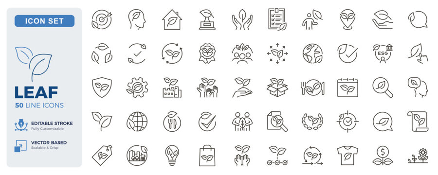 Leaf icon set. Eco, sustainability, ESG, ecology and green business thin line icons. Editable stroke vector illustrations.