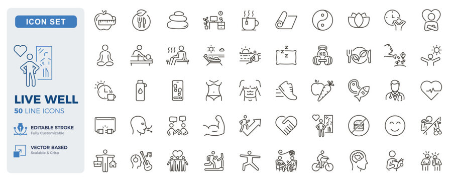 Healthy lifestyle icon set. Wellness, fitness, mindfulness and nutrition thin line icons. Editable stroke vector illustrations.
