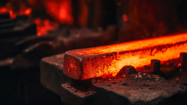 Close-up of a glowing red-hot steel billet radiating intense orange heat while resting on a dark textured anvil surface in a forge