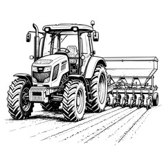 Hand Drawn Vintage Farm Tractor Pulling Seed Drill Vector Illustration © zuravagansa
