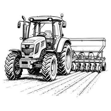 Hand Drawn Vintage Farm Tractor Pulling Seed Drill Vector Illustration