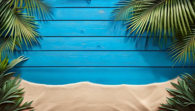 beautiful blue wooden background framed by green plants on the sand summer travel concept boat side with a place for the text