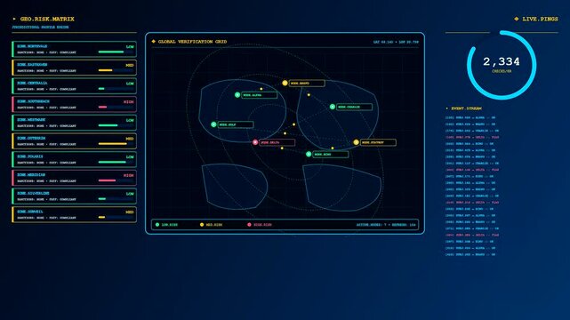 Digital kyc verification interface displaying live data streams and regional risk assessment metrics presented on three rotating monitor screens showing rapid updates in blue tones