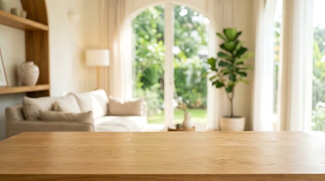 Empty wooden tabletop with blurred bright living room background for product display in a modern and airy home interior.