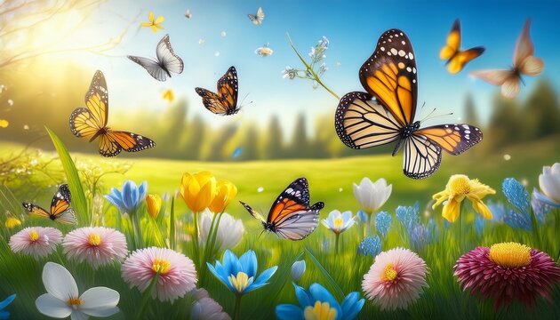 the first butterflies fluttering over a clearing with spring flowers