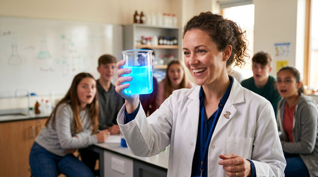 Woman scientist demonstrating chemical experiment with glowing blue liquid to group of amazed student in classroom. Laboratory lesson, physics and chemistry education, scientific research.