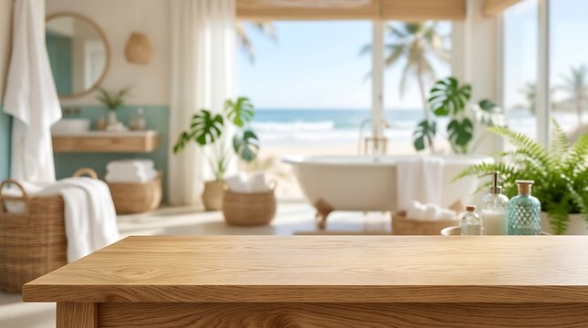 Empty wooden table in luxury tropical bathroom with ocean view background for product display presentation mockup.