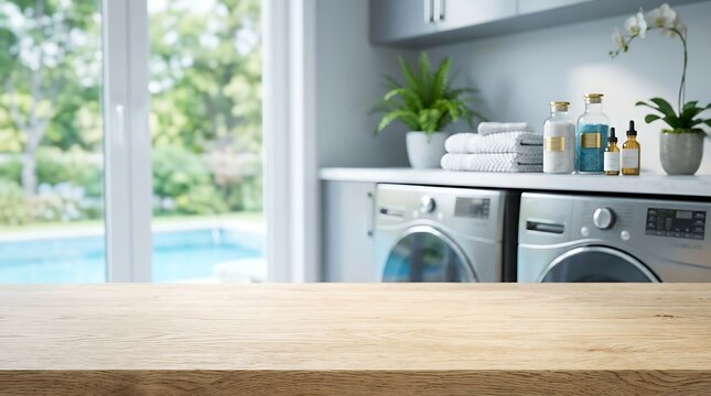 Empty wooden table surface in modern laundry room with washing machine background for product display mockup banner.