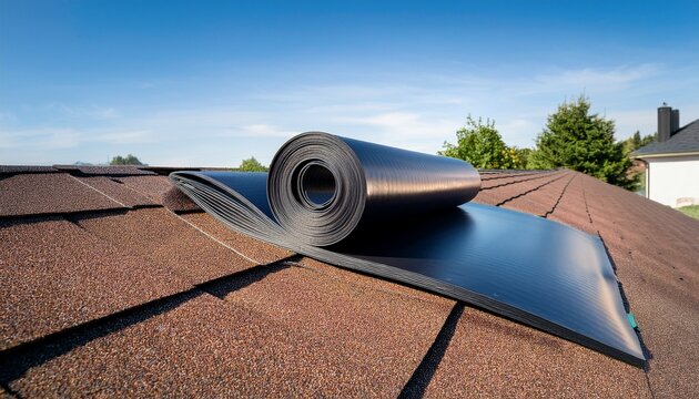 flexible roll of epdm rubber material unrolling on a modern asphalt shingle roof with sleek architectural lines and minimal overhangs roofing material epdm rubber