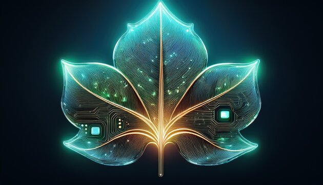 futuristic leaf with integrated circuitry and glowing energy