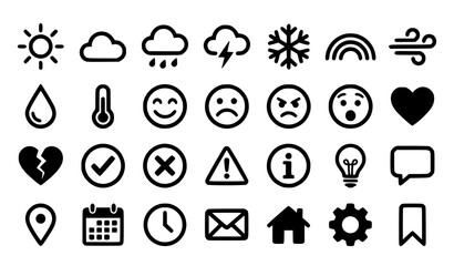 Fototapeta premium Minimal black flat vector icon set featuring weather emotion and universal symbols isolated on white background