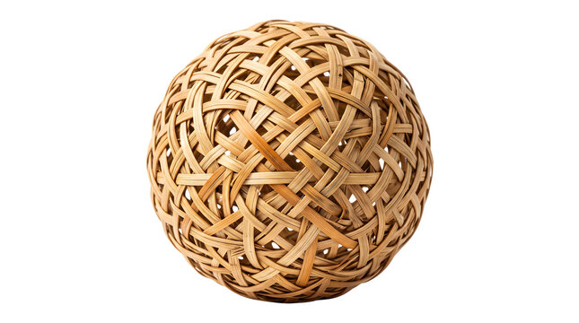 Woven bamboo ball on white background, traditional rattan sepak takraw sphere, handcrafted wooden lattice ball for interior decor and sports