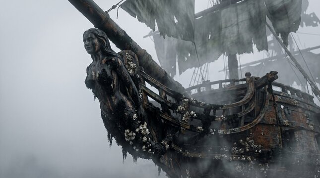 Wooden siren figurehead on vintage ghost ship prow in mysterious foggy sea environment.