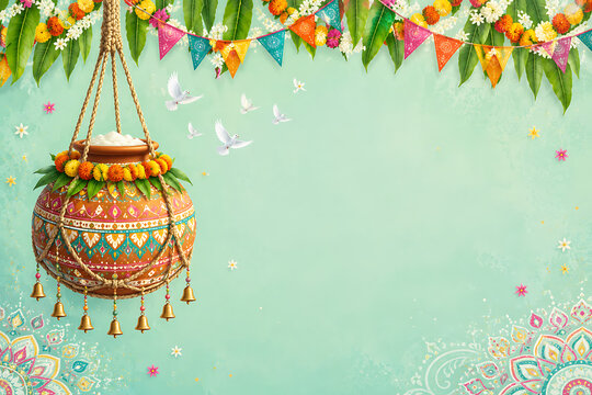 Decorated Hanging Butter Pot Filled with Cream Against Mint Green Festival Background with Mango Leaves, Marigold Garlands, Colorful Bunting, White Doves, Bells, and Copy Space