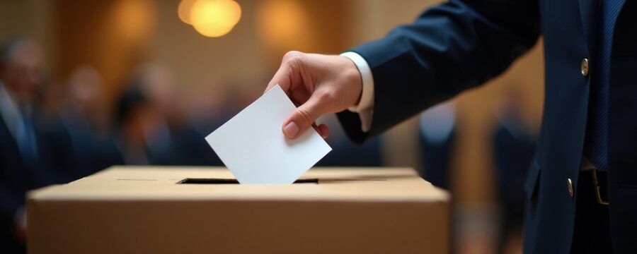 Man in suit casts ballot into cardboard box. Citizen votes in election at polling station. Person participates in democratic process, selects candidate during vote.