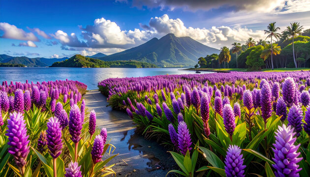 Mountain lake landscape purple flowers
