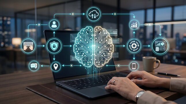 Artificial intelligence brain hologram over laptop representing machine learning software and cognitive computing integration in modern business operations