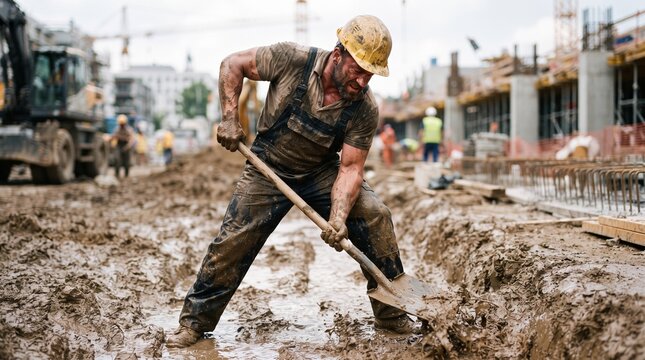 Commercial dynamic lifestyle photography of a strong, rugged male construction worker covered in mud, wearing a dirty hard hat and overalls, intensely digging with a shovel on a wet city job site &ndash; pr