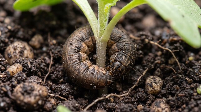 Cutworm larva curled beside young vegetable seedling