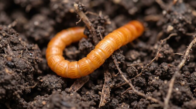 Orange wireworm larva curled in dark garden soil