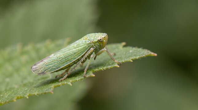 Green leafhopper insect perched on serrated leaf edge