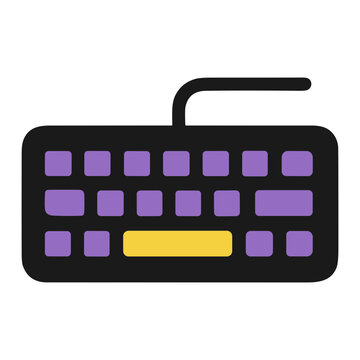 Flat minimal illustration of a wired computer keyboard featuring purple keycaps and a yellow spacebar on a black body, shown as a simplified icon representing typing and input.