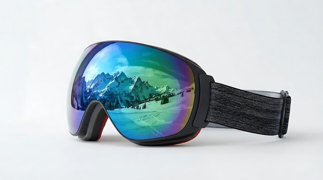 Ski Goggles Reflecting Mountain Scene: A pair of ski goggles with a mirrored lens displays a breathtaking reflection of snow-capped mountains and a clear sky, symbolizing adventure and winter sports.