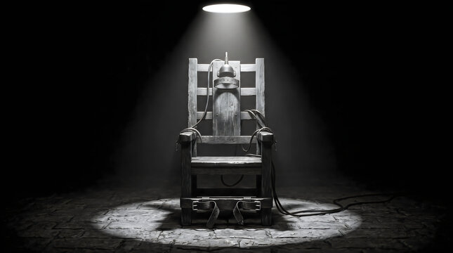 Electric chair for capital punishment in a dark room