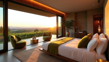 Naklejka premium Modern bedroom offers vineyard views at sunset. Elegant interior features minimalist decor, plush seating, and a comfortable bed, ideal for relaxation and luxury stays.