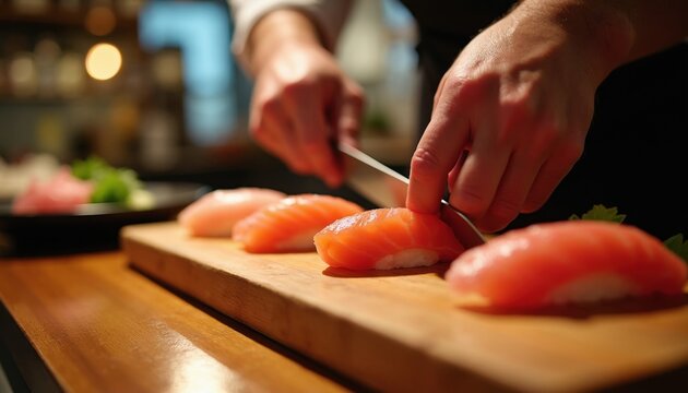 Chef prepares fresh salmon nigiri sushi with sharp knife on wooden board. Skilled hands slice fish for gourmet meal. Focus on seafood preparation in upscale eatery. Delicious asian cuisine art.