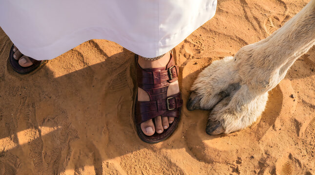 Human Foot in Sandal Next to Camel Foot in Desert Sand