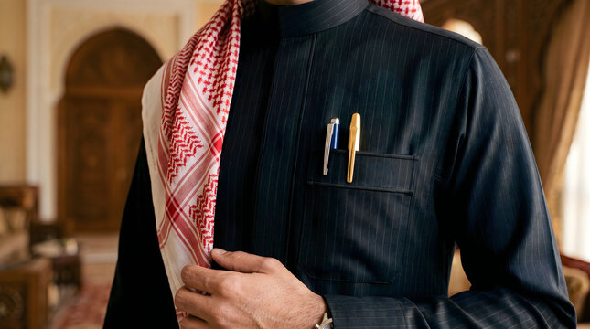 Arab Businessman in Traditional Black Thobe with Pens in Pocket
